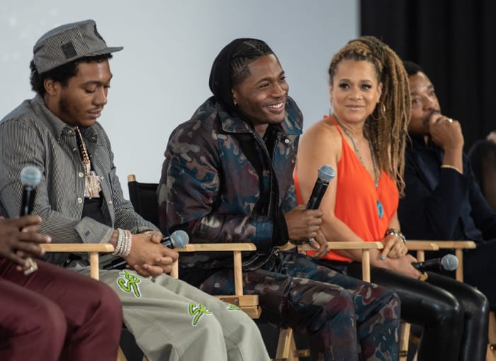 BMF stars Demetrius “Lil Meech” Flenory Jr., Da’Vinchi, and Michole Briana White participate in a Q&A following a screening of the STARZ series.