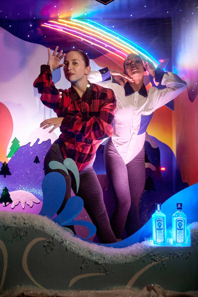 There are live dance performances within the Bombay Holiday Storefront Series window dedicated to Nicole Von Arx at 25 Howard Street.