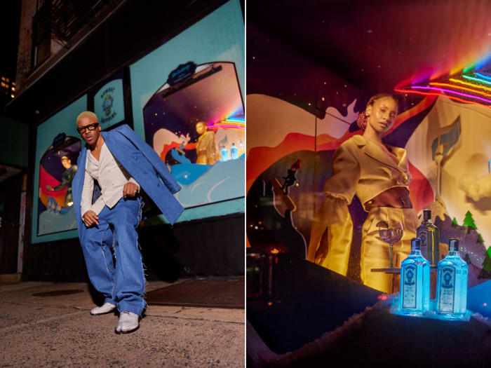 Fashion designer Romeo Hunte took inspiration from Shavanté Royster's window display backdrop for the looks he created for his Holiday Storefront Series dedicated window at 423 Broadway.