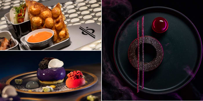 Counterclockwise from top left: Grilled Cheese Toast done in Star Wars style, Sweet treats aboard the Star Wars: Galactic Star Cruiser, and A dramatically sweet way to end your culinary experience aboard the Halcyon