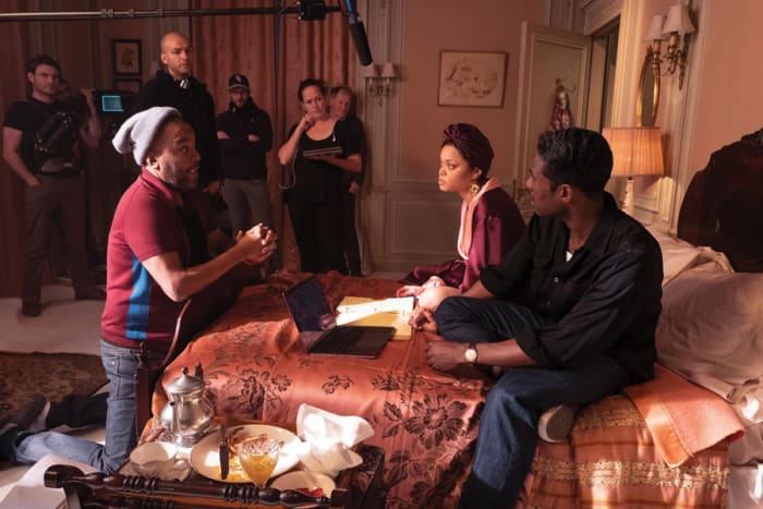 Director Lee Daniels, Andra Day (Billie Holiday), and Trevante Rhodes (Jimmy Fletcher) on the set of The United States vs. Billie Holiday