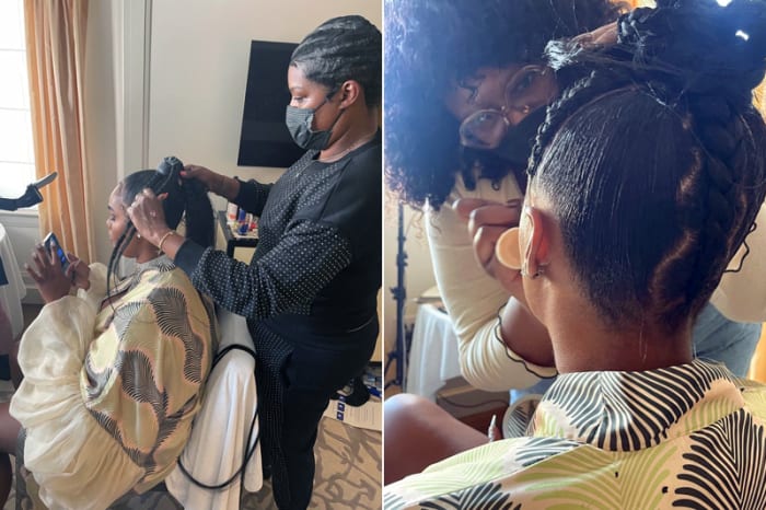 Mideyah Parker styles Precious Lee's hair for the Met Gala 2021; close-up of Parker's hair magic.
