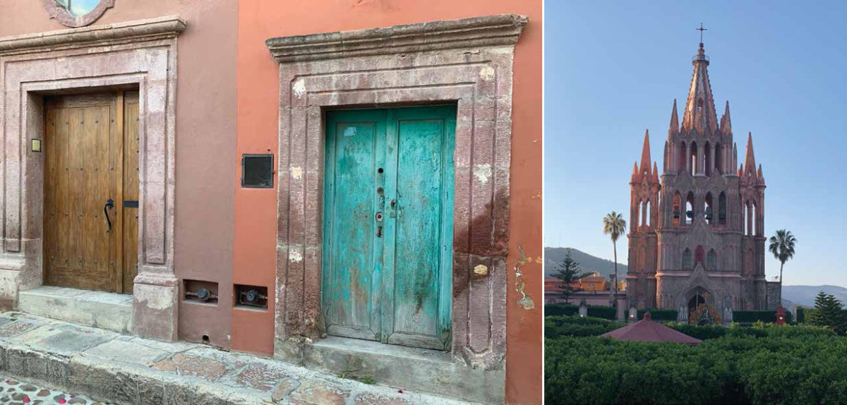 Left to right: Colonial architecture of San Miguel de Allende and Parroquia de San Miguel Arcangel