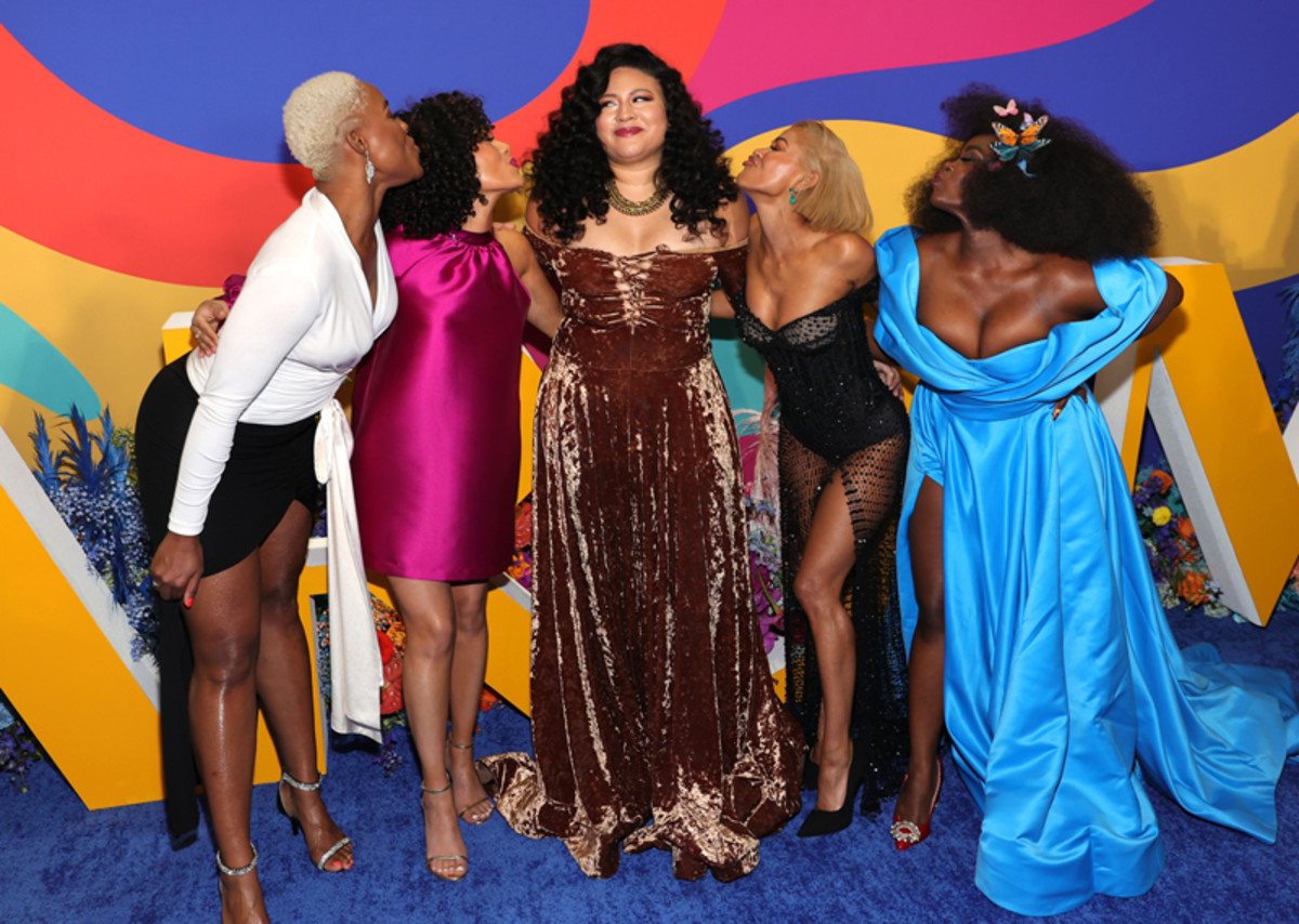 (L-R) Jerrie Johnson, Grace Byers, Tracy Oliver, Meagan Good, and Shoniqua Shandai attend Prime Video's Harlem premiere screening and after-party at AMC Magic Johnson Theater on December 01, 2021 in New York City.