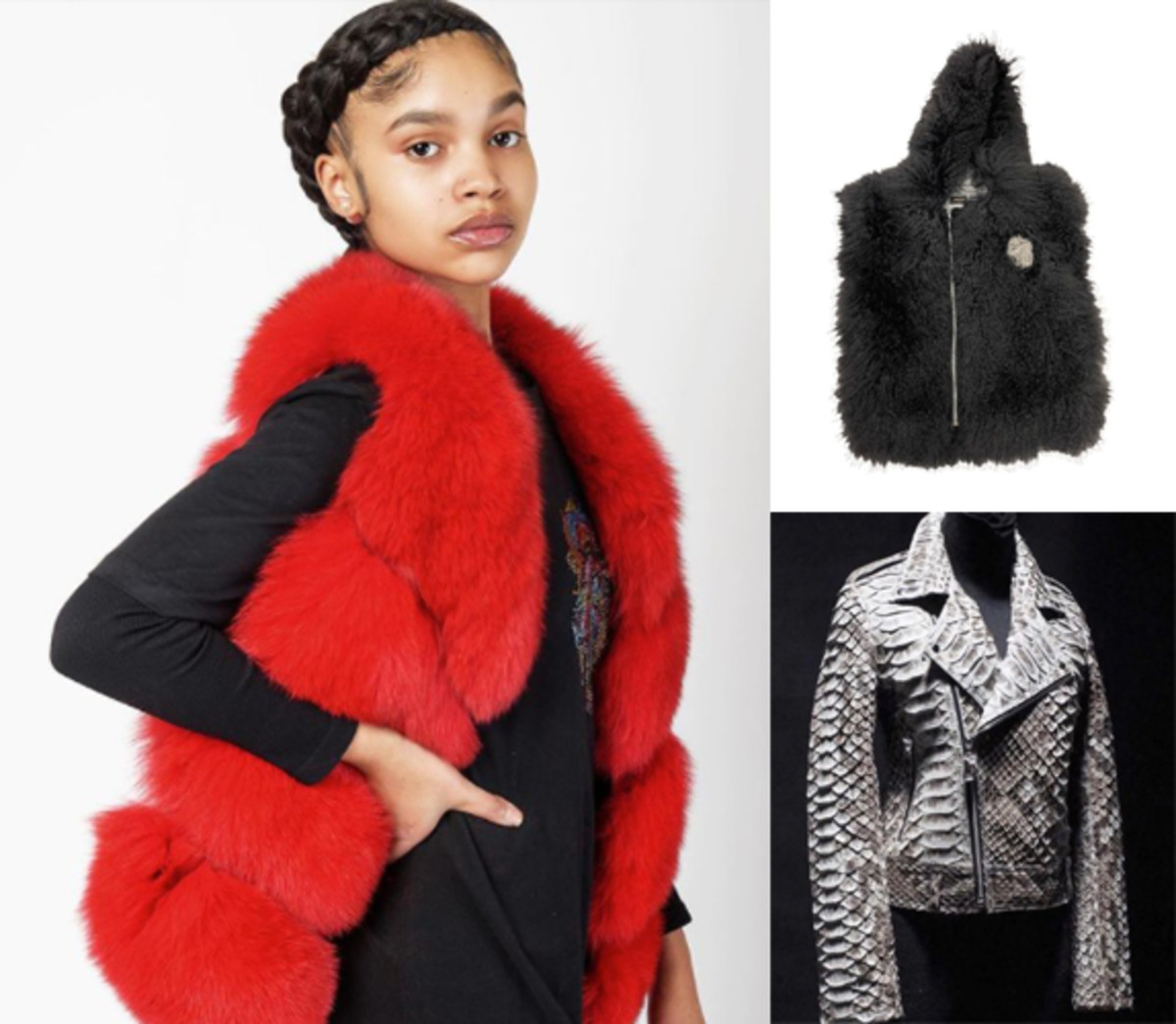 Asferi Couture Fox Fur Vest, Mongolian Sheep Fur Vest, and Reptilian Motorbike Jacket