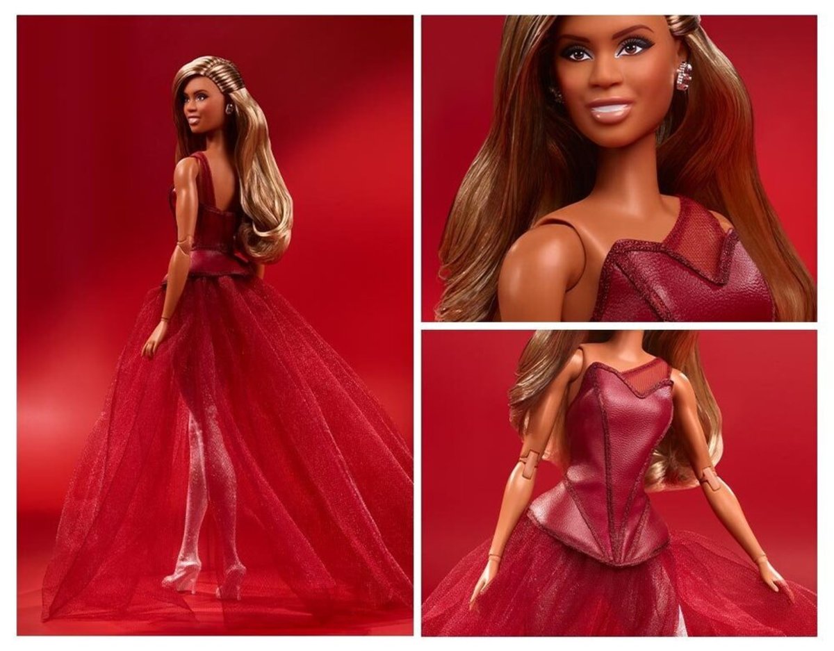 The Barbie Tribute Collection Laverne Cox Doll wears a "triple-threat ensemble."