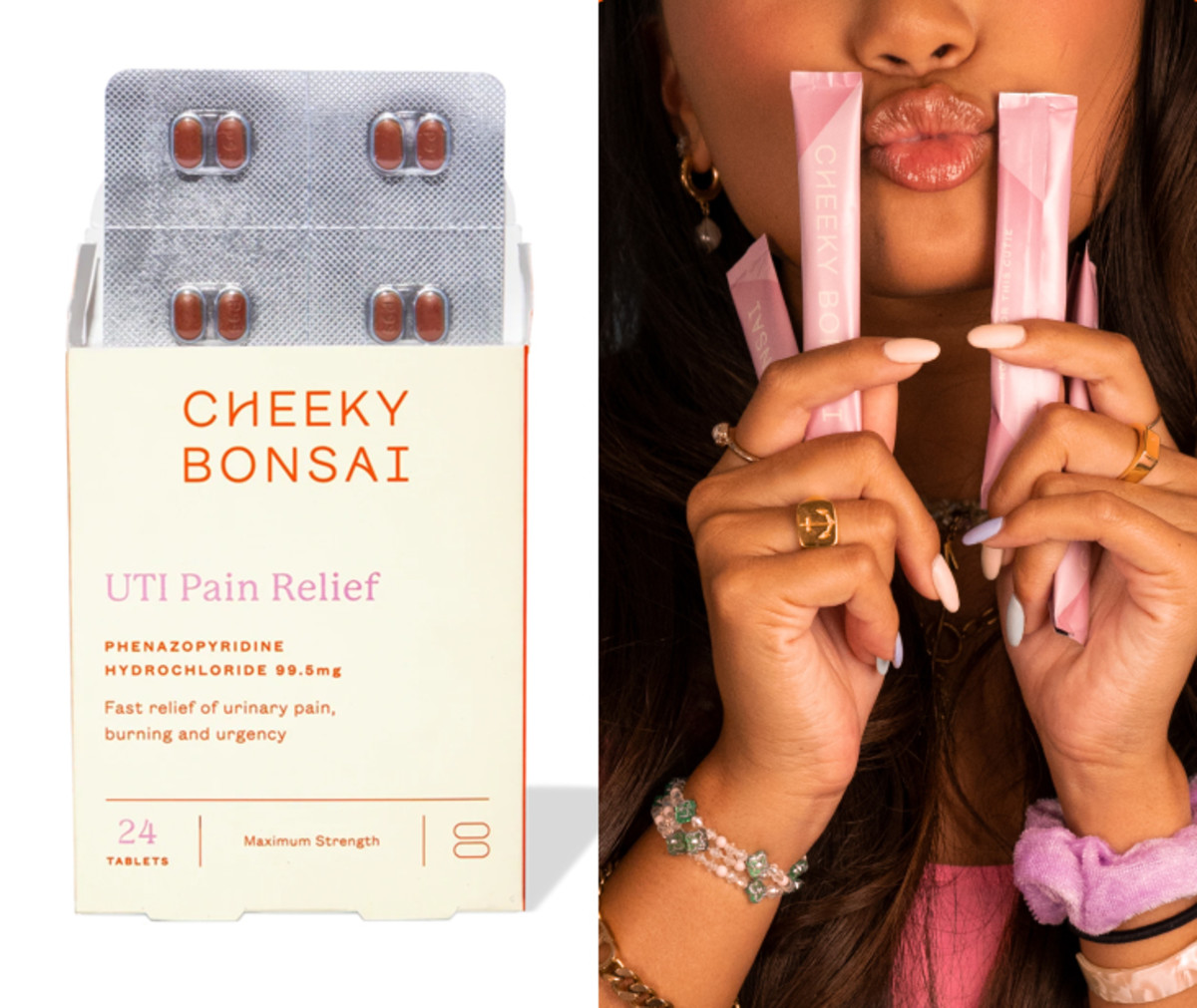 Cheeky Bonsai UTI Pain Relief and UTI Drink Mix support a healthy urinary tract.
