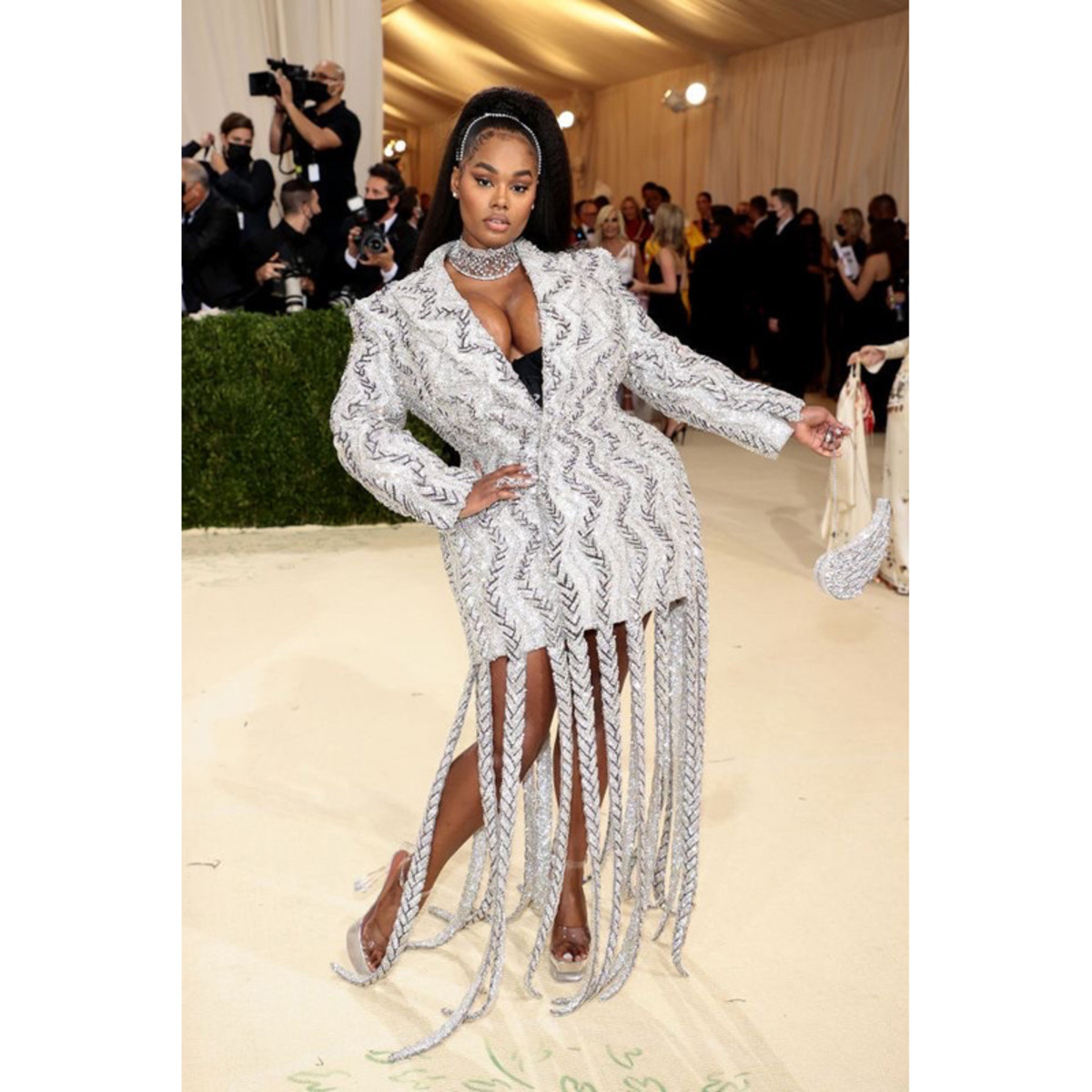 Precious Lee wears AREA and a ponytail snatched by celeb stylist Mideyah Parker to the Met Gala 2021.