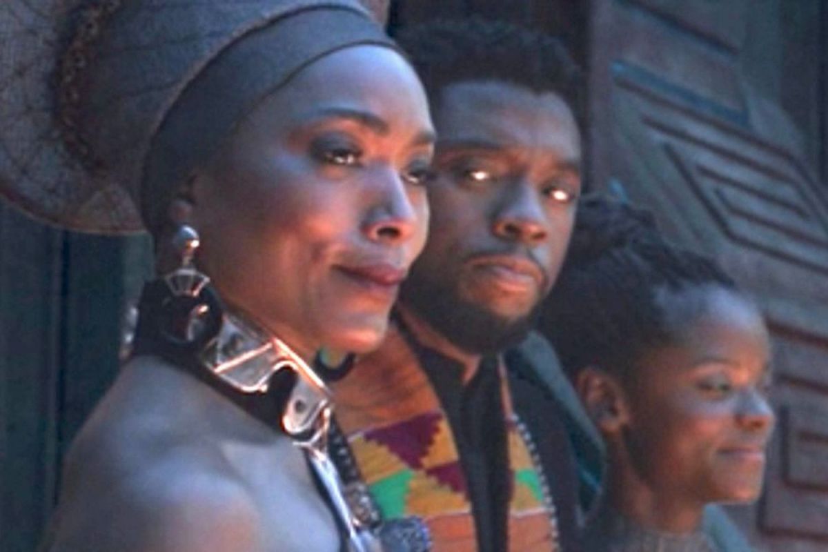 Angela Bassett, Chadwick Boseman, and Letitia James in Black Panther