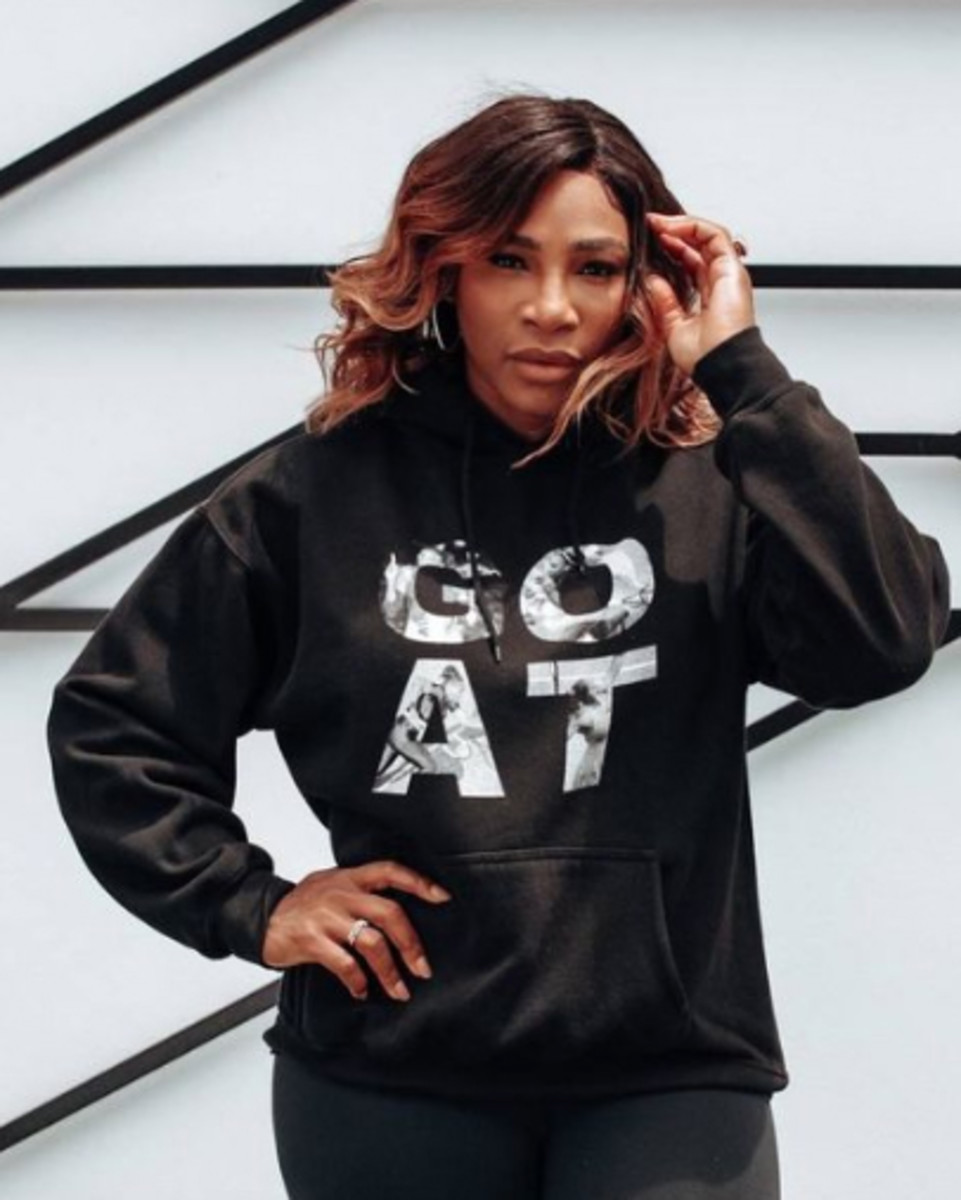 Serena Williams wears the GOAT hoodie from her eponymous fashion line S by Serena.
