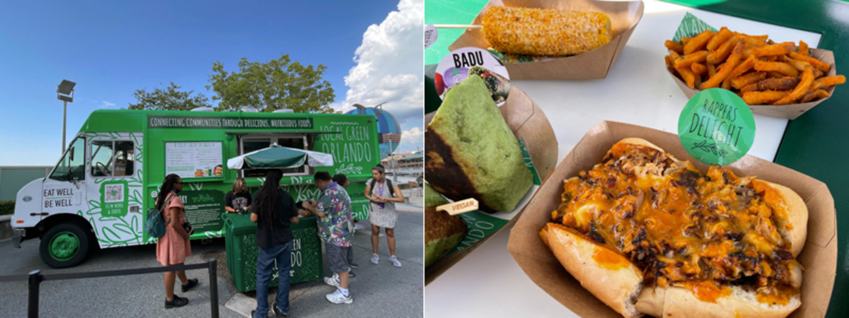 Delicious vegan dishes from Local Green Food Truck, located at Disney Springs, include the Rappers Delight, Air Fries, and Elote Street Corn.