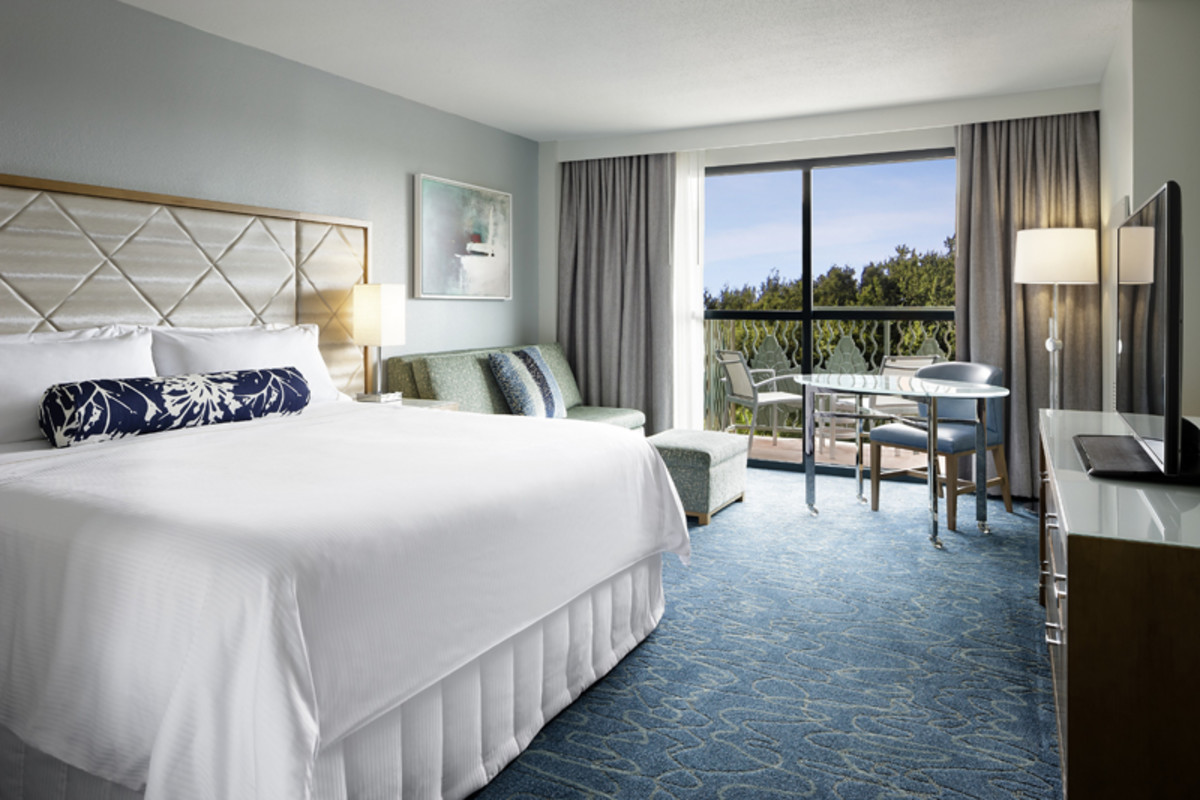 A king guest room at the Walt Disney World Swan & Dolphin Resort